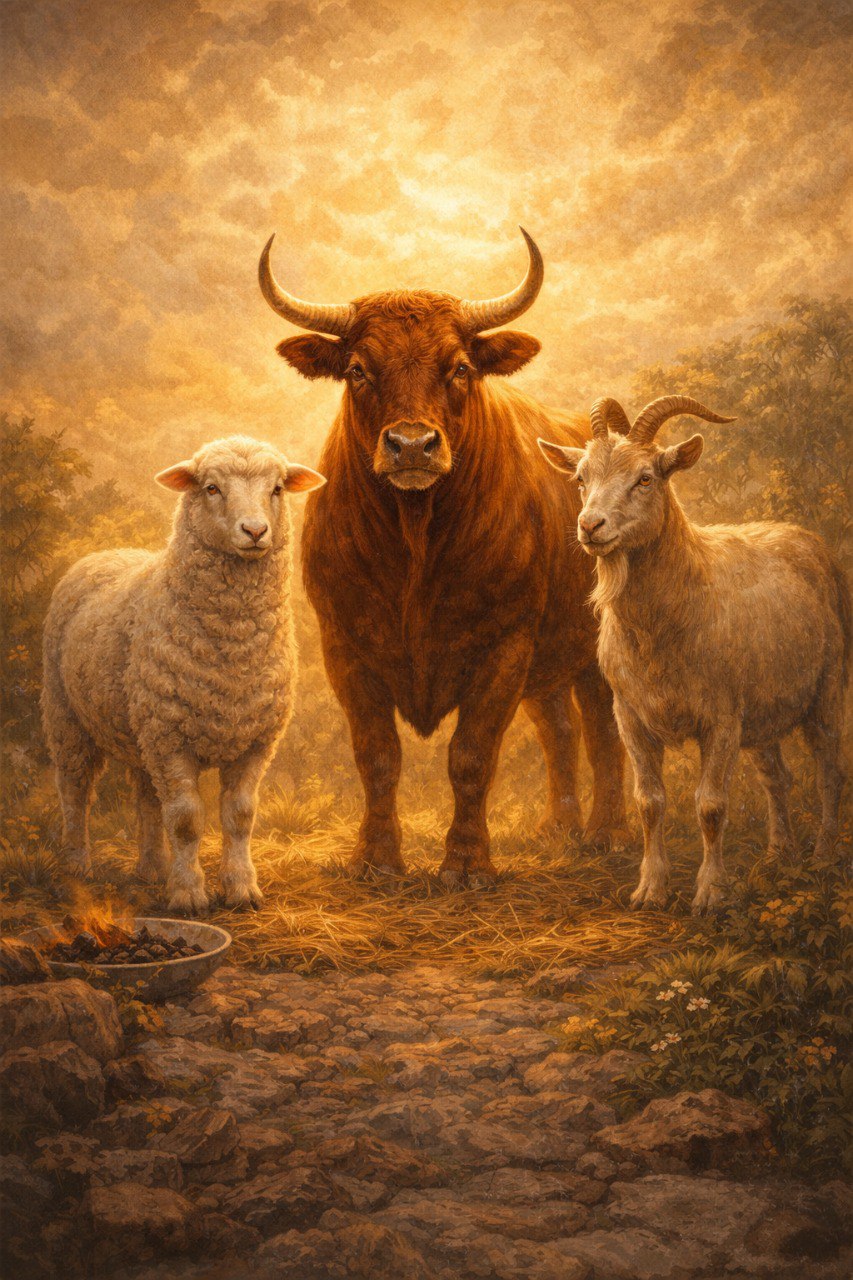 The three altar animals: bull, sheep, and goat